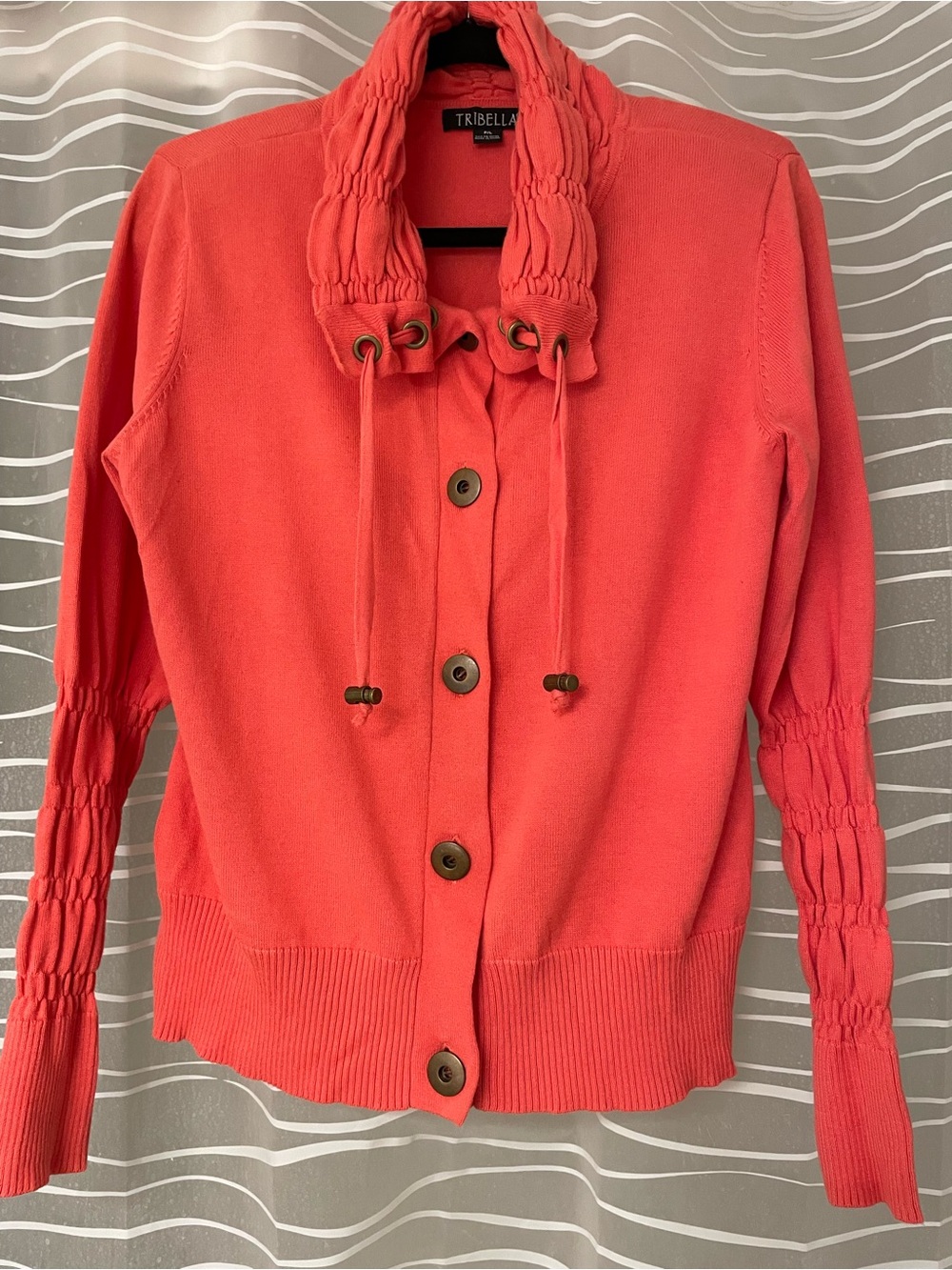 Tribella Coral Button-Front Drawstring Collar Cardigan